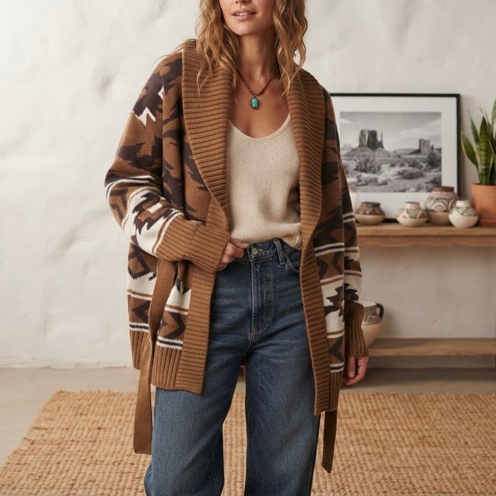 Lucky Brand Southwestern Aztec Cardigan 2X Sweater Brown Boho Belted Western